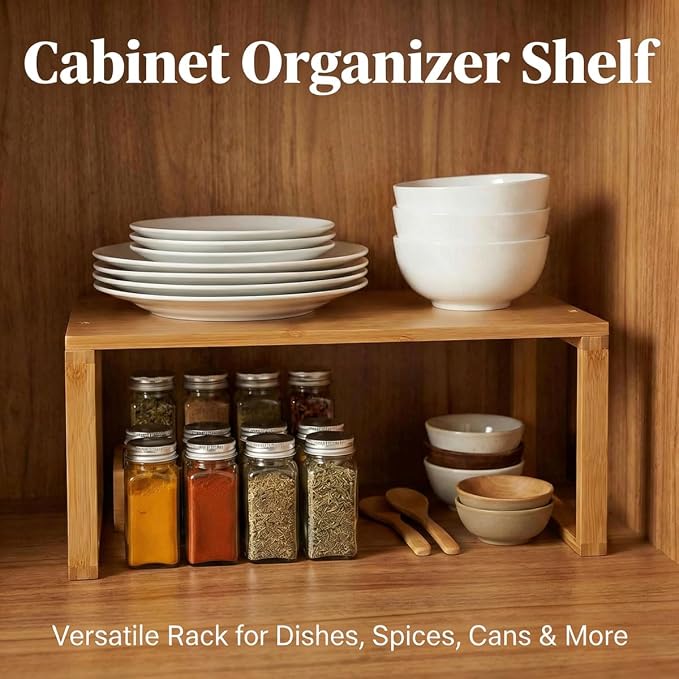 JinDoWin Bamboo Kitchen Cabinet Organizer Shelf,Spice Rack Organizer for Cabinet,Efficient Spice Organization for Cabinet,Versatile Pantry Organizers and Storage,Maximize Counter & Cabinet Space
