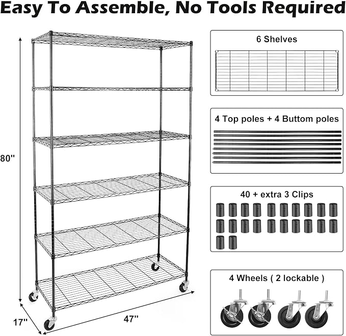 WDT NSF Certified Storage Shelves on Wheels, Heavy Duty Metal Shelves for Storage with Adjustable Stand, 6-Tier Wire Shelving Unit for Garage Pantry Kitchen Shelf Rack(17" W*47" D*80" H), Black
