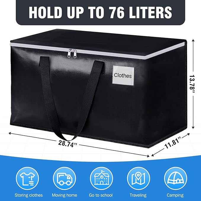 BlissTotes Moving Bags, Heavy Duty Moving Boxes with Zippers Top and Sturdy Handles, Storage Bags for Space Saving and Packing, Collapsible Moving Supplies, Storage Totes (76L, 10-Pack, Black)