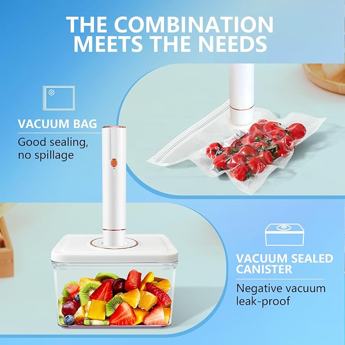 Vixino Vacuum Sealer for Food with 30 Reusable Bags & 3 Vacuum Containers | Vacuum Seal Containers Store Liquids, Compact Handheld Vacuum Sealer, Portable for Sous Vide, Camping, Kitchen, Gifts