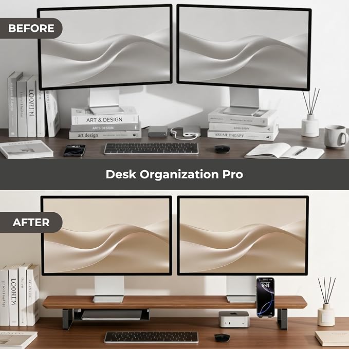 muso wood Dual Monitor Stand with Storage Shelf, 45 Inch Wooden Monitor Riser for 2 Monitors, Walnut Desk Shelf for Computer, Laptop, Screen, TV, Printer