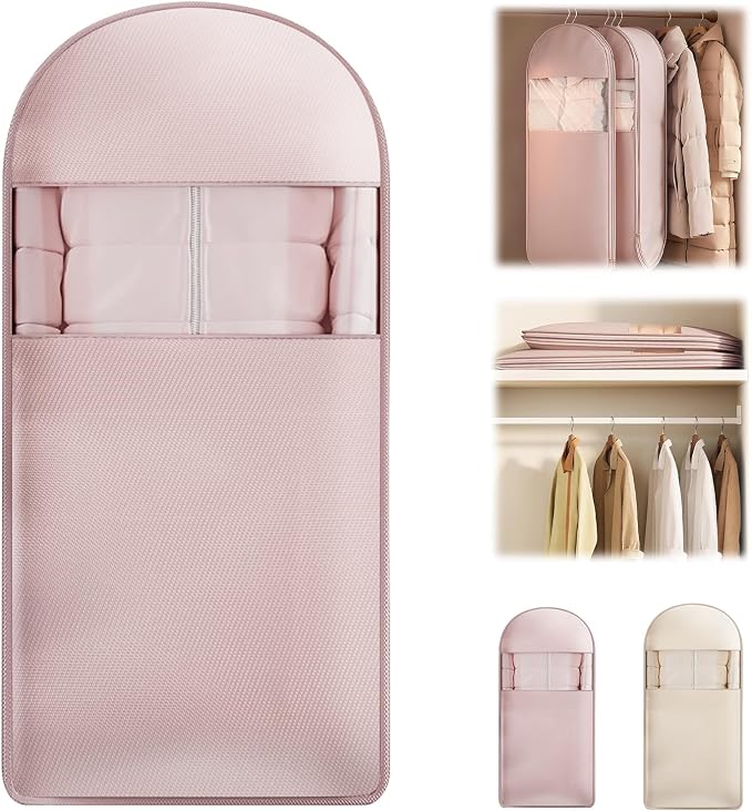 Space Saving Hanging Garment Bag with Self Compression Zipper, Thick Dustproof Garment Bags for Hanging Clothes, Space Saving Garment Bags with Compression Zip Technology (Pink, 51 * 23 * 6IN)