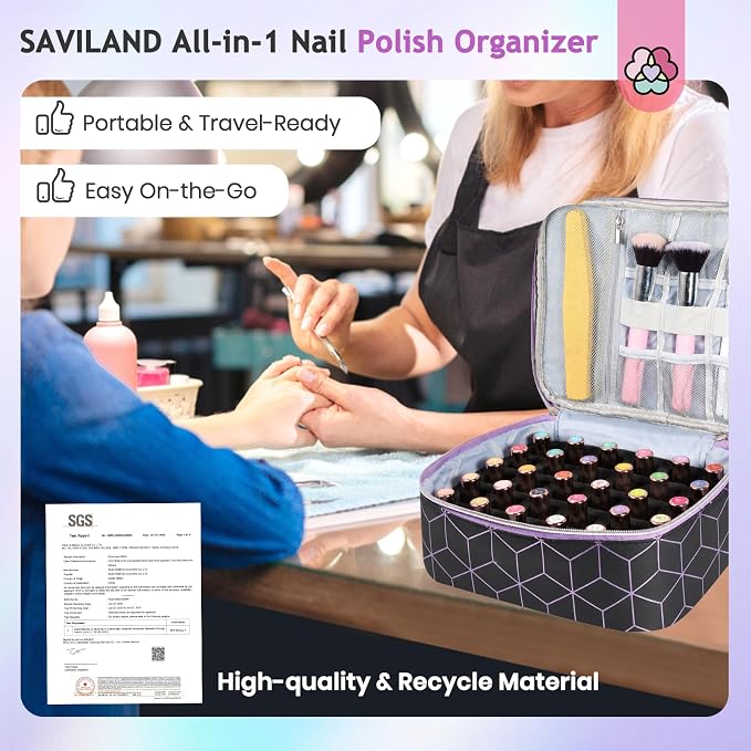 SAVILAND Nail Polish Organizer Bag: PU Leather Nail Kit Organizer Holds 30 Bottles & Nail Lamp, Black Nail Supply Organizer Nail Polish Carrying Case Gel Nail Organizers and Storage Box for Nail Tech