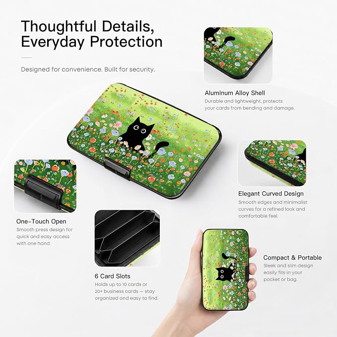 Credit Card Holder RFID Aluminum card case Flowers Cat 2 mini Wallet Women | ABS Business ID Case,Hard Case Large Capacity 6 Slots, Waterproof Durable ，Secure Closure Slim Small Credit Card Protector