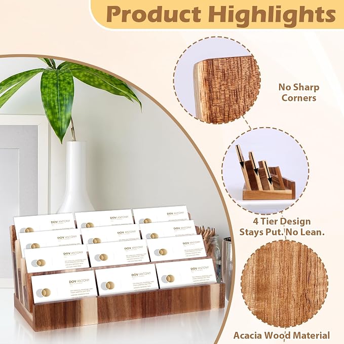DLUGOPIS 4 Tier Acacia Wood Business Card Holder Desktop Display Stand Multiple Wood Business Card Organizer Rack Gift Card Pamphlet Display for Exhibition Home Office