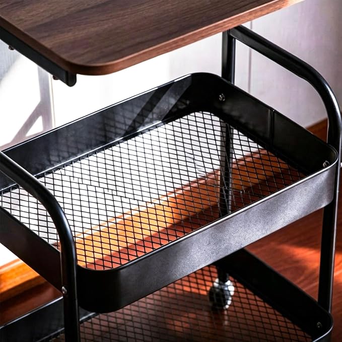 3 Tier Metal Storage Utility Cart with Wooden Top, Rolling Home Organizer | Stable and Sturdy, 2 Lockable Wheels, Multi-Purpose for Snacks, Coffee, Craft, Makeup, Garage, Bedside, Kitchen, Office