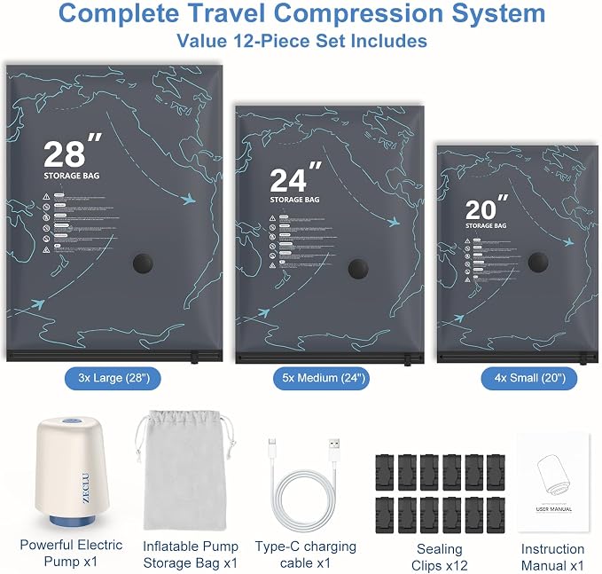 12 Pack Vacuum Bags for Travel with Pump for Clothing and Luggage | Rechargeable USB-C Pump, 3 Sizes, Space Saver Compression Bags for Suitcase, Carry-on, Flight and Closet Storage