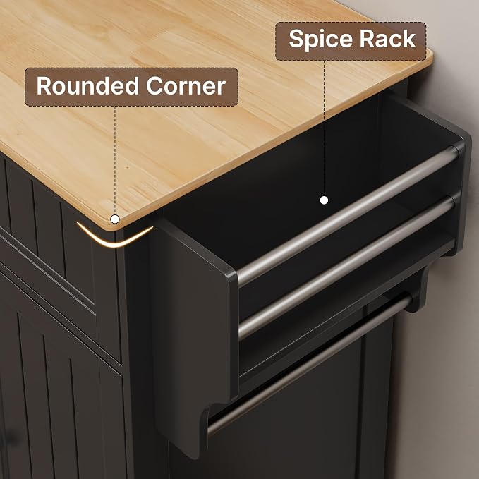 Gizoon 33" W Kitchen Island Cart with Rubberwood Top | Rolling Cart on Wheels with Adjustable Shelf, Drawer, Spice Rack, Towel Bar, Mobile Storage Cabinet for Dining Room, Black