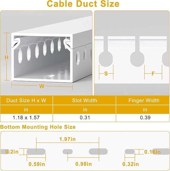 1.2" H x 1.6" W Cable Management Raceway, 132in Under Desk Channel, White | Slotted Wire Duct, 8Pack, 16.5in Each, Heavy-Duty PVC Cable Management for Server Racks, Network Cables & Electrical Cabinets