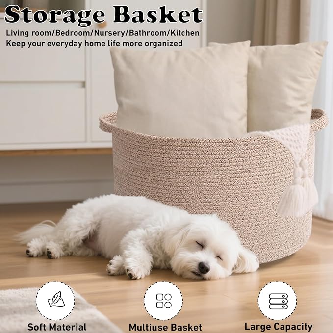 65L Large Blanket Basket,Woven Rope Laundry Basket Hamper with Handles,Decorative Nursery Basket Storage Bin for Toys, Pillows , Clothes Organizer, Living Room, Bedroom, Bathroom, Brown