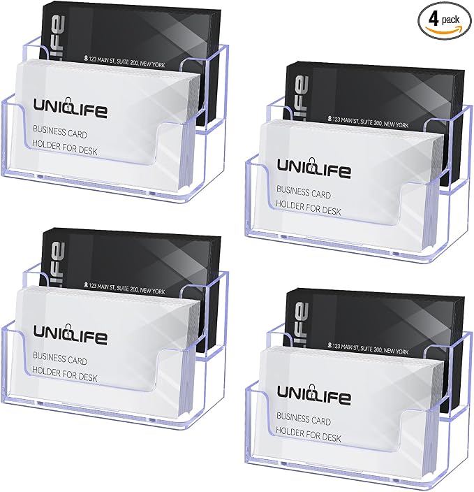 Uniclife 4 Pack Acrylic Business Card Holder for Desk 2 Slots Clear Business Card Display Stand for Men & Women Desktop Business Card Organizer Card Stand for Office Home Exhibition, 120 Card Capacity