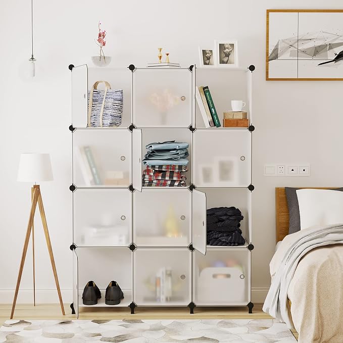 AWTATOS 12 Cube Storage Organizer, Closet Storage Shelves with Doors | Closet Organizers, DIY Stackable Storage Cube Shelf, Plastic Clothes Organizer Shelving for Bedroom, Home Office，Translucent