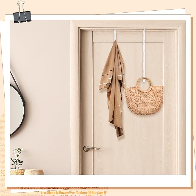 Tandefio 2 Pack 13.8" Over The Door Hook Hanger Comes with 6 Hooks from Large to Small Metal Extra Long Over The Door Hooks Hanger for Hats Rack Coat Scarf Purse Bags Scarf Keys and More (White)