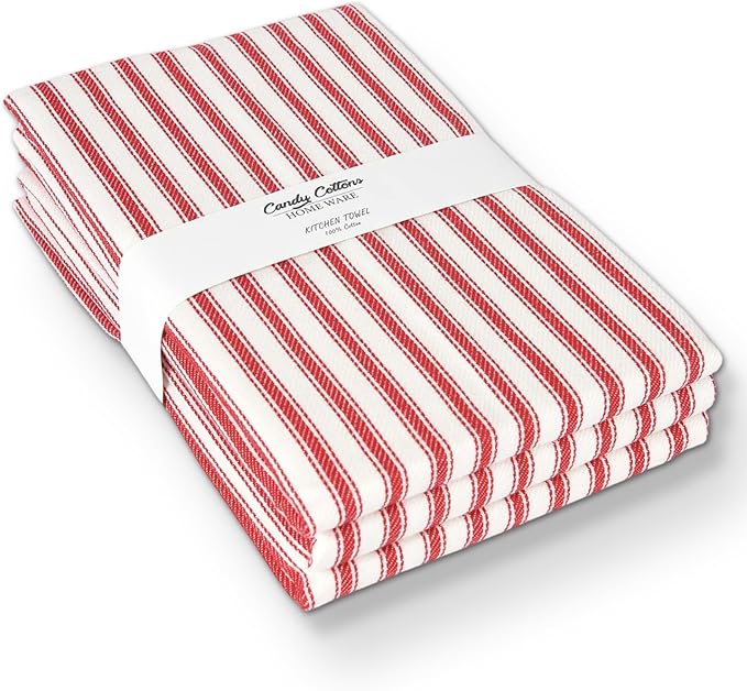 Stripe Kitchen Towels With Hanging Loop - Boho Absorbent Dish Towels Set of 3 - Reversible Reusable 18x28 Inch - Spring French Stripe Red - Festive Gift