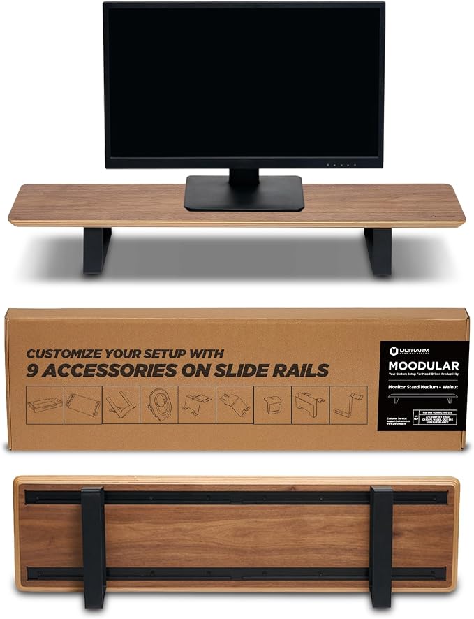 ULTRARM Moodular Wooden Monitor Stand Desk Organizer, Standard 33.4" Walnut | Customizable Organized Workspace, Aluminum Slide Rails, 10 Add-Ons Sold Separately: Storage Drawer, Tablet, Phone & More