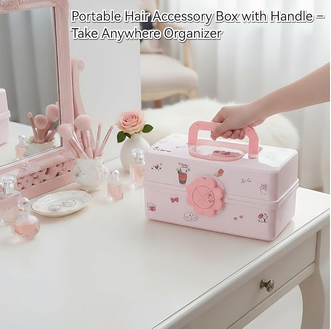 Pulseplay Hair Accessories Organizer for Girls Portable 3-Layer Plastic Storage Box with Handle Perfect for Hair Clips Bows Headbands (Pink)