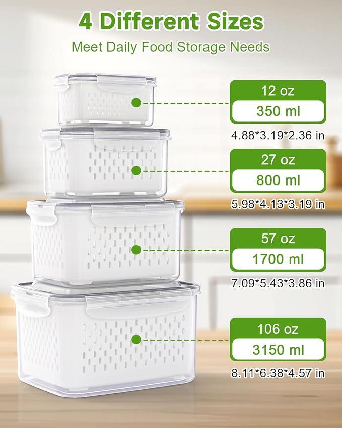 4 Pack Fruit Storage Containers for Fridge Fresh Produce Saver Berry Keeper | Airtight Food Container Set with Colander Lettuce Keep Fresh BPA Free Plastic Refrigerator Organizer Freezer Dishwasher Safe