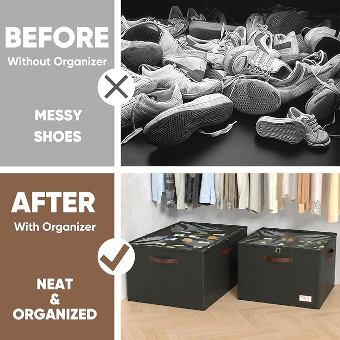 OIAHOMY 2 Pack Shoe Organizer for Closet, Large Foldable Shoe Storage Bins with Dividers and Reinforced Handles, Each Clear Cover Sneaker Box Fits Up to 16 Pairs for Entryway and Bedroom, Black
