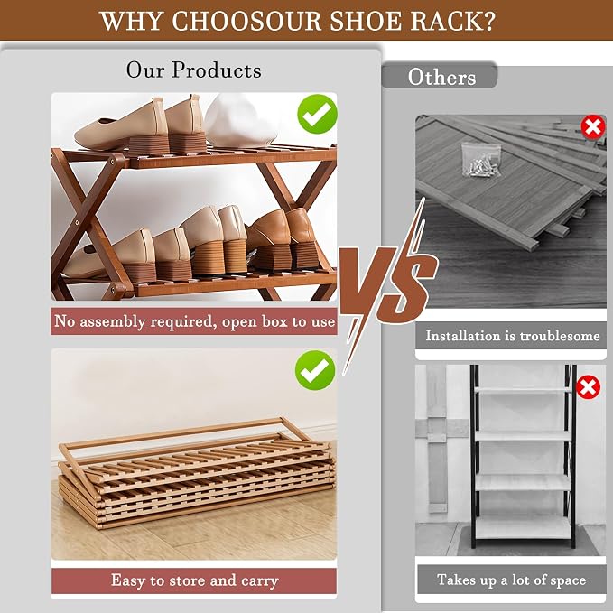 Jessie Bamboo Shoe Rack,Free Standing Shoe Rack for Closet,Portable Folding Shoe Storage Rack, Space Saving,Shoe Shelf for Bedroom Entryway Hallway Closet Living Room (Brown-4 Tier)