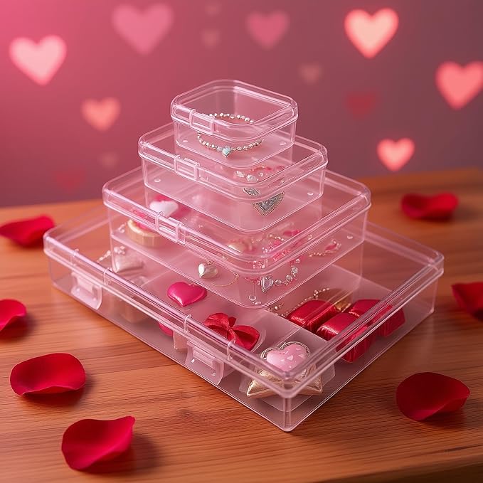 24 Pieces Mixed Sizes Rectangular Empty Mini Clear Plastic Organizer Box | Hinged Lids, For Small Items, Craft Projects