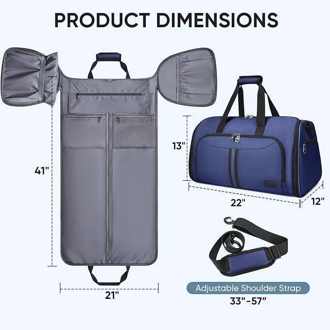 BALEINE Travel Garment Bag, Travel Suit Bag for Men, Water Resistant Carry on Garment Bag for Hanging Clothes, Garment Duffel Bag for Travel Business (Navy-Convertible)