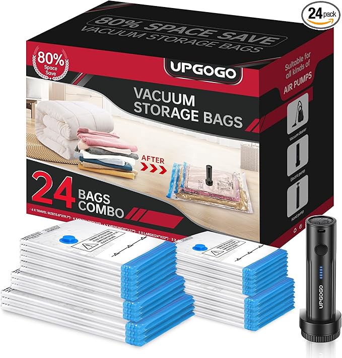 UPGOGO Combo 24 Pack Vacuum Storage Bags with Portable Electric Pump,Vacuum Seal Bags for Clothing,Space Saver Bags,Vacuum Travel Bags for Luggage