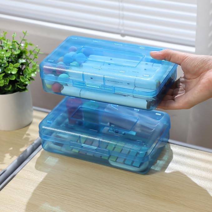 Blulu 6 Pack Large Plastic Pencil Case Box Clear Pencil Boxes Bulk Hard Crayon Box Storage with Snap Lids 8.1 x 4.7 x 2.2 Inch Painting Organizer Classroom Stationery School Supplies (Blue)