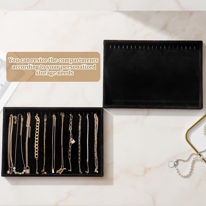 Large Jewelry Organizer for Drawer Insert Velvet Stackable Jewelry Trays for Earring Necklace Bracelet Ring Display (Black, 20 Hooks)