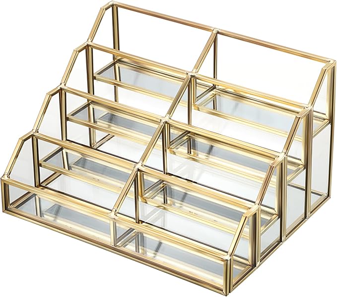 Hipiwe Mirrored Glass Business Card Holder Gold Business Card Display Stand for Desk Multiple Clear Business Card Holder Display for Office Desktop Cards Display Stand for Women Men, 8 Slots