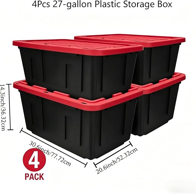 4Pcs 27-gallon Plastic Storage Box, Sturdy and Durable with A Lockable Lid, Suitable for Outdoor, Garage, Basement and Indoor Item Organization, Stackable Storage Box, Black Base and Red Lid