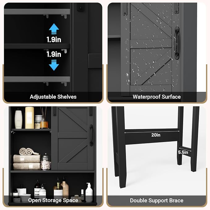 Over The Toilet Storage Cabinet, Bathroom Organizer with Adjustable Shelves and Anti-Tip Device, Space-Saving Storage Solution, Black