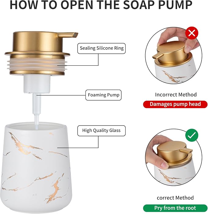 Enra Hand Foaming Gold Soap Dispenser,12 oz Ceramic Foam Soap Dispenser for Bathroom Countertop Kitchen Dispenser for Dish Soap with Easy-to-Press (Gold Foam Type2)