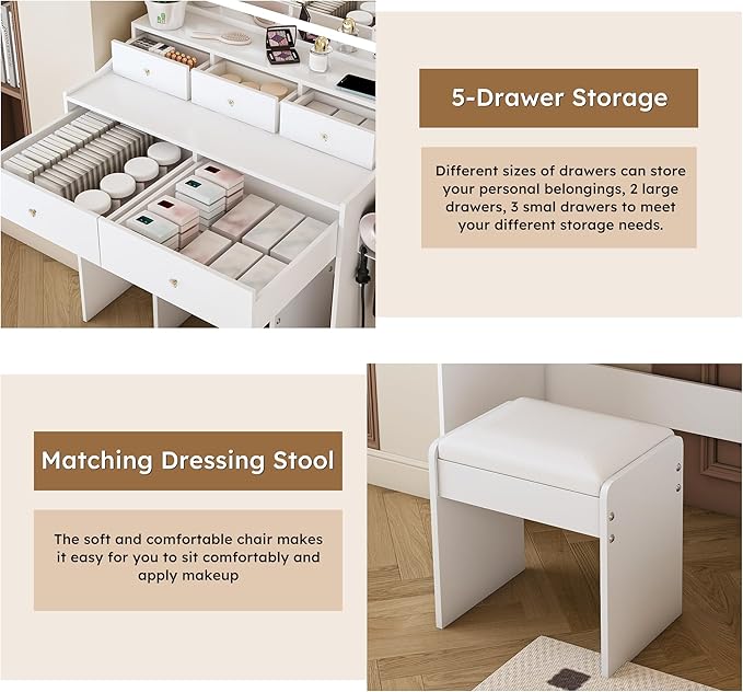 Small Makeup Vanity Desk with Large Mirror and Lights, Vanity Table with 5 Storage Drawer & Open Shelves, 3 Lighting Colors,LED Mirror Adjustable Brightness White Makeup Vanity