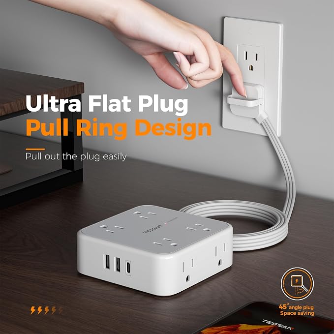 TESSAN Surge Protector Power Strip, 5 Ft Flat Plug Extension Cord with 3 USB (1 USB C) 8 Outlets, 900J Protection, 3 Sided Outlet Extender with Ring Plug for Office, Dorm Room, Grey