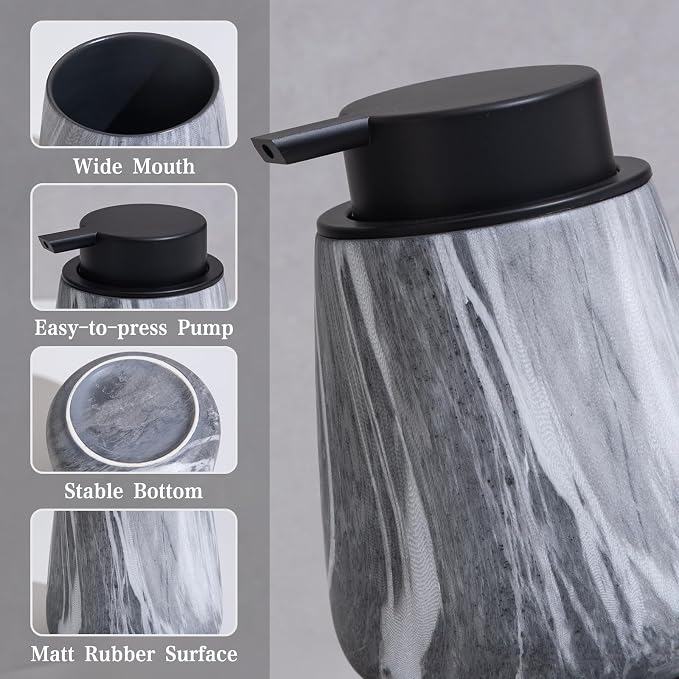 12Oz Ceramic Liquid Soap Dispenser - Modern Lotion Hand Soap Dispenser with Easy-to-Press Black Pump, Reusable and Refillable Dish Soap Dispensers for Bathroom & Kitchen, Marble Grey