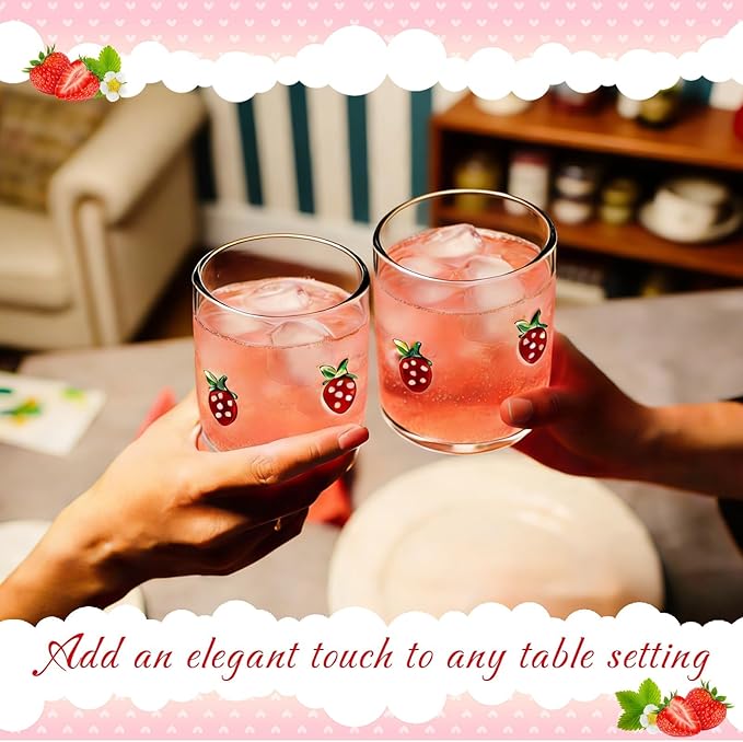 14 Ounce Icon Juice Glasses, Aesthetic Cocktail & Old Fashioned Drinking Glasses, Iconic Clear Glass Cups for Women, Sister, Friend & Party Gifts (Strawberry)