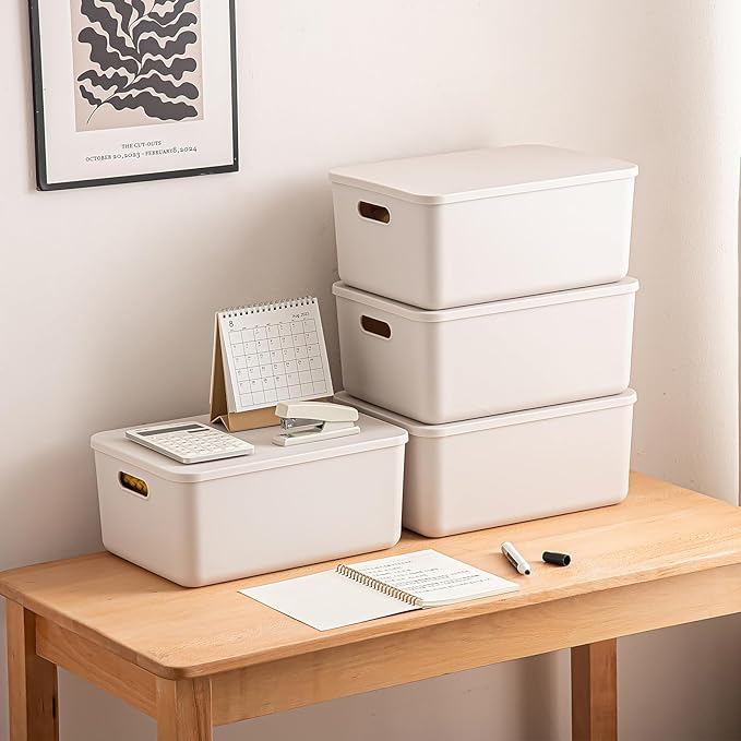 Plastic Storage Bins with Lid, White Stackable Storage Basket Organizer Box, Sturdy Containers Organizing Lidded Bins for Shelves, Cabinet, Desk, Pantry, Bedroom, Book, Toys (gray, 6M)