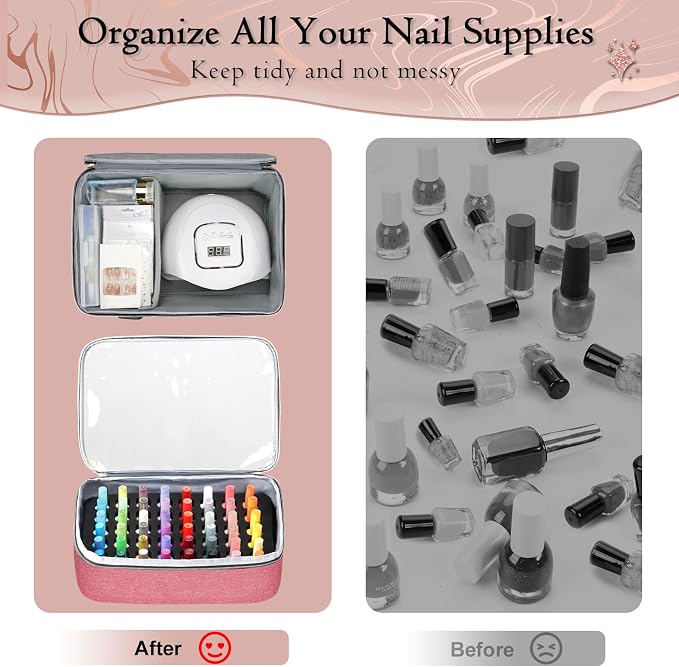 YOREPEK XL Nail Polish Organizer Case for 96 to 100+ Bottles, Pink | Nail Organizer With 96 Slots Foam Inserts, Travel Nail Tech Carrying Case with Adjustable Space for Gel Dip Powder Tips Set