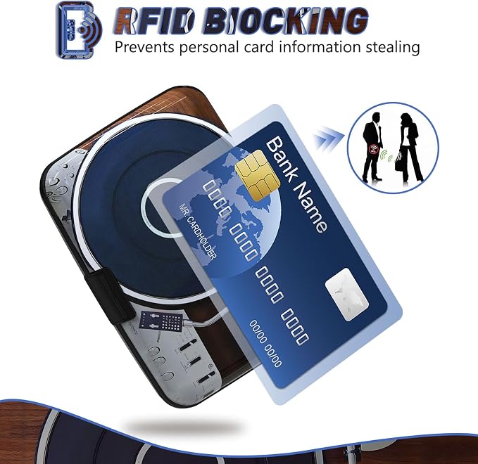 Credit Card Holder, Mini RFID Small Aluminum Card Wallet Business Card Case | Blocking Slim Metal RFID Blocking Front Pocket Wallet Hard Case Durable CC Holder for Women Men, Retro Music Player