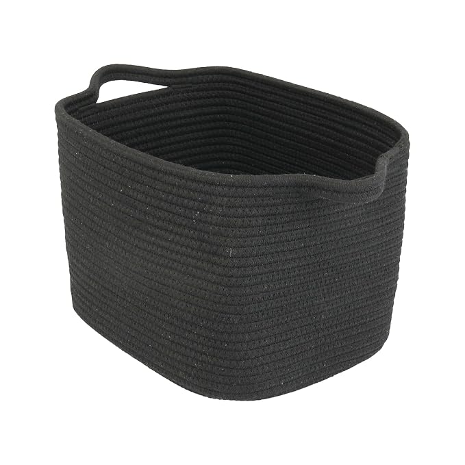 XUANGUO Woven Cotton Rope Storage Basket with Handles 13x10x9 inch Black | Woven cotton rope basket for shelves and closets. Perfect for toys, books, clothes, nursery storage and gift baskets.