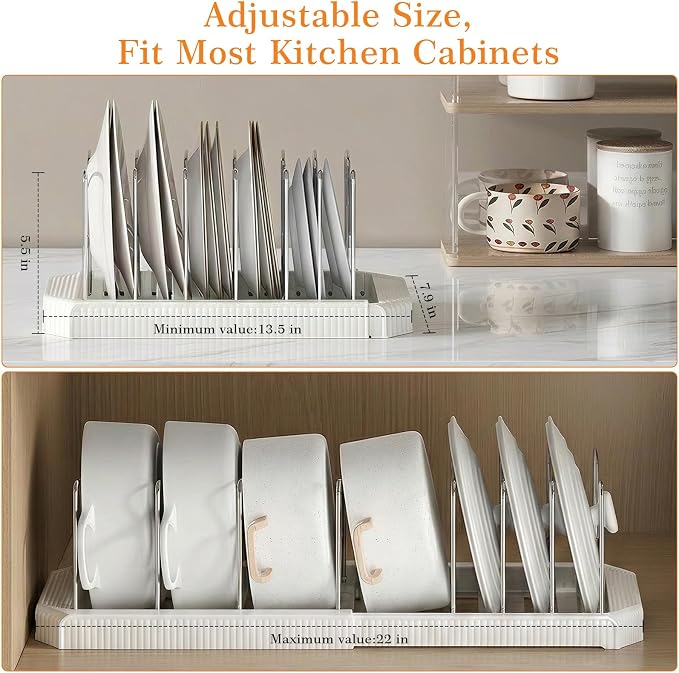2 Pack Expandable Pots and Pans Organizer Under Cabinet, 13-22" Kitchen Cabinet Organizer with 10 Adjustable Dividers and 10Pcs Pot Protectors for Lids, Baking Sheets & Cookware (2, White)