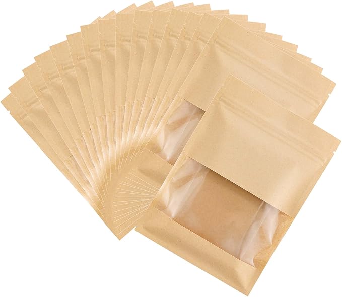 100PCS Resealable Kraft Paper Packaging Bags with Clear Window, Food Grade Heat Sealed Zipper Pouches for Coffee, Tea, Nuts, Snacks, Cookies (Kraft, 13 * 18CM/5.0"*7.1"-100PCS)