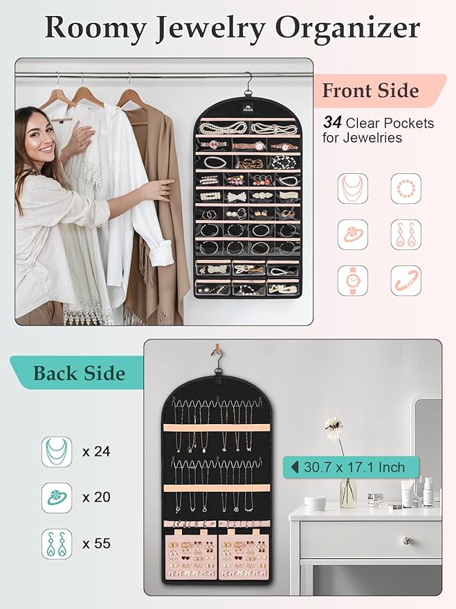 MATEIN Hanging Jewelry Organizer with Removable Zipper Jewelry Pouches | Tangle-Free Necklace Hanger, Metal Hook for Closet, Dual-Sided Design, Earring Storage, Bracelet Ring Holder, Over the Door