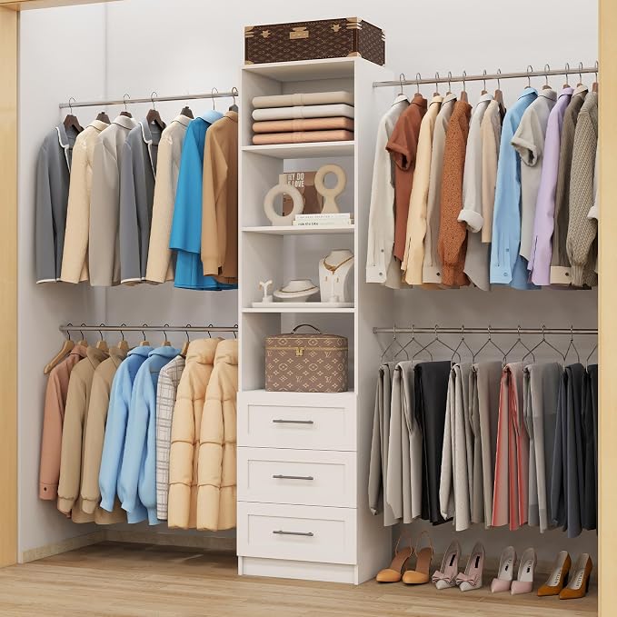 Closet Organizer System with Drawers, Wall Mounted 5FT-9FT White | 3 Wooden Storage Drawers, 4 Expandable Hanging Rods, 2 Adjustable Shelves,walk-in closet organizer,Wall Mount Walk In Tower