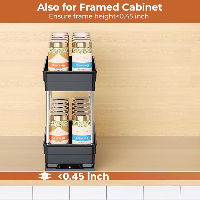 Mystozer Pull Out Spice Rack Organizer for Cabinet, 2 Pack 2-Tier, Black | Smooth Dual-Rail Sliding, No-Drill Installation, 8.26"W x 10.62"D x 8.66"H, Fits Framed Cabinets and Saves Kitchen Space