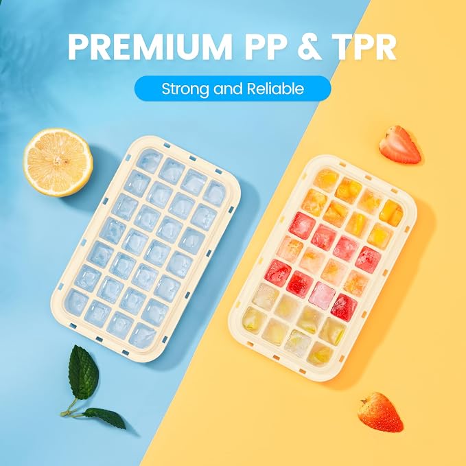 0.8“ Ice Cube Tray with Lid and Bin, PHINOX 84 Cubes Ice Trays for Freezer, Ice Cube Trays for Freezer with 3 trays, Container, Lid & Ice Scoop, BPA Free, Yellow(28Cubes/Tier)