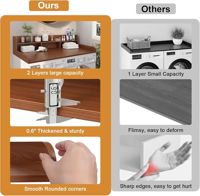 Washer Dryer Countertop with Shelf, 2-Tier Laundry Countertop Over Washer and Dryer, 54" x 27.55" Wooden Table for Folding Clothes for Laundry Room Organization and Storage (Walnut)
