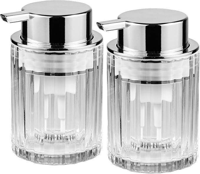 Foaming Hand Soap Dispenser, 8oz Refillable Clear Glass with Silver Pump, for Liquid Soap or Lotion, Vertical Ribbed Decor for Bathroom Vanity, Kitchen, Commercial Use - 2 Pack