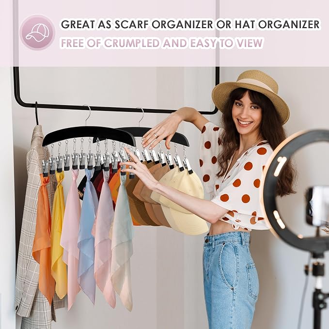 MEILIDY Wooden Leggings Hangers, Scarf Hangers for Closet, Black, 2 Pcs | 24 Clips, 360° Swivel Hook, Hanging Storage Organizer for Scarves, Pants, Hats, Skirts, Bras, Camisoles, Tank tops, Gloves