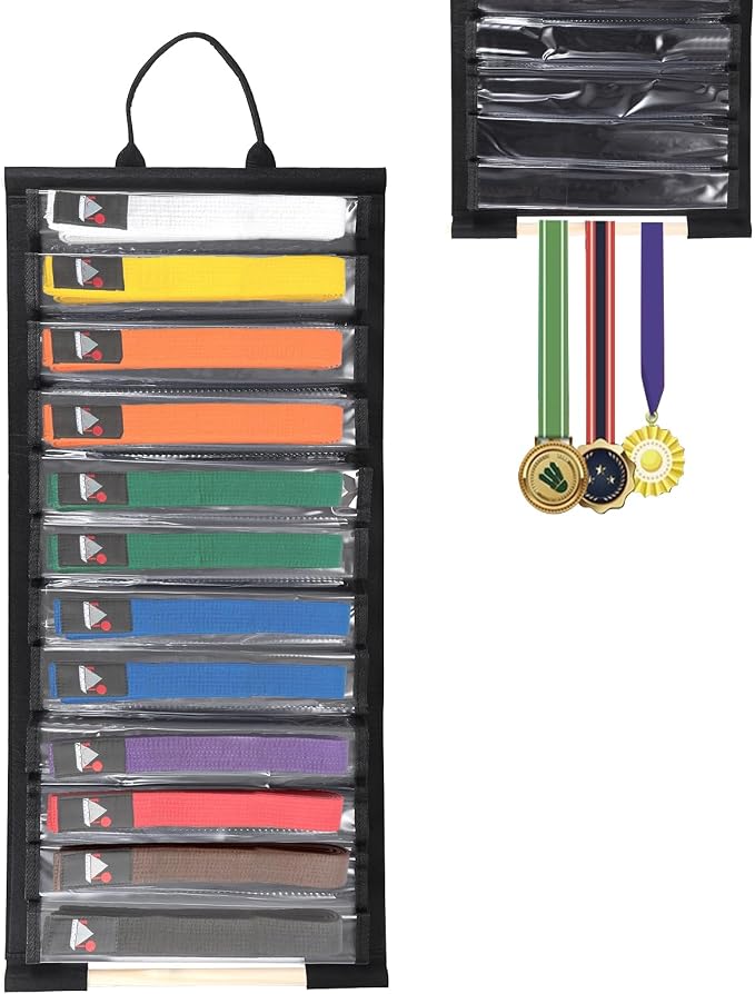 JUXYES Wall Hanging Martial Arts Belts Organizer for 12 Belts, Portable Karate Belt Display Holder with Medals Hanging Stick, Lightweight Taekwondo Belt Organizer for Martial Arts Learners